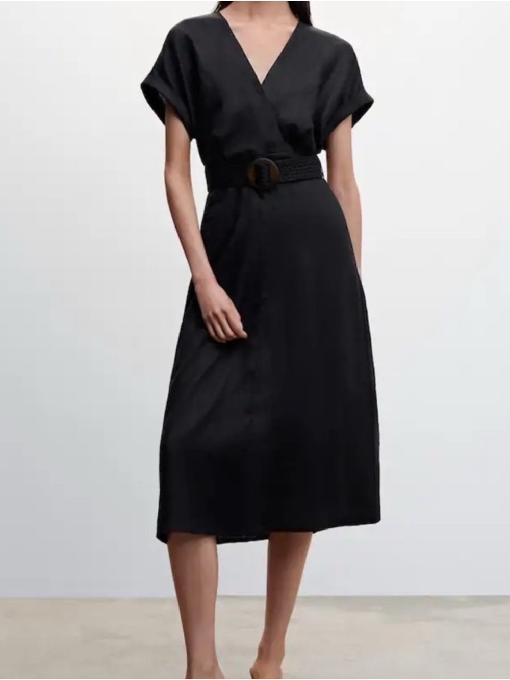 Mango Black V-Neck Midi Dress with Waist Belt